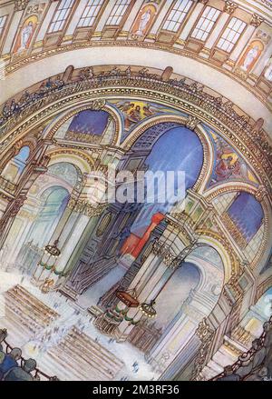 The chancel of St. Paul's Cathedral as seen through the piers of the 70,000-ton dome across the 112 ft. of the Whispering Gallery.  An unusual view of the cathedral giving a good impression of the vastness, combined with delicacy, of the interior, which was restored to its full beauty in 1936 after five years cleaning and redecoration.  The compass in the floor (bottom left-hand corner) marks Nelson's grave.       Date: 1950 Stock Photo