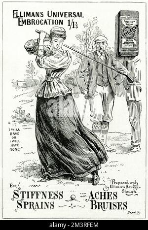 Advertisement for Elliman's Universal Embrocation, for the treatment of stiffness, sprains, aches and bruises.  Athletic young woman about to take a swipe at a golf ball.   1894 Stock Photo