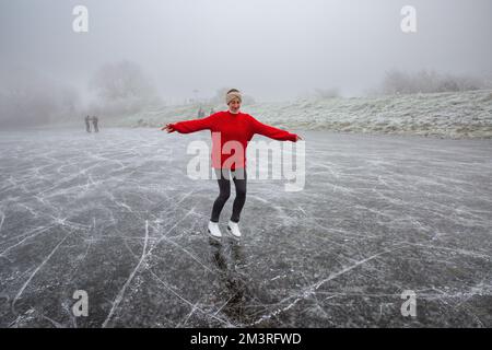 Picture dated December 11th shows  Hannah Straughan practising her skating on the frozen Cambridgeshire Fens near Ely on a foggy Sunday morning as the Stock Photo