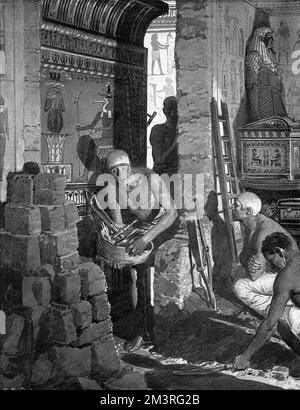 From the palace to the tomb, Episode V - Masons waiting to seal the royal tomb after the body of a deceased Pharaoh had been deposited there.  Part of a series of reconstructions of ancient Egypt by Fortunino Matania for The Sphere following the discovery of the tomb of Tutankhamen.       Date: 1923 Stock Photo