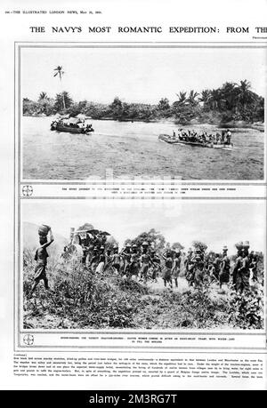 The Navy's most romantic expedition: from the Thames to Lake Tanganyika by river, sea and land. Upper image shows the river journey of the Lualaba: the Mimi motor boat passing downstream with a boat-load of natives and stores in tow. The lower image shows spoon-feeding the thirsty traction engines: native women coming in after an eight-mile tramp, with water jars to fill the boilers.  1916 Stock Photo