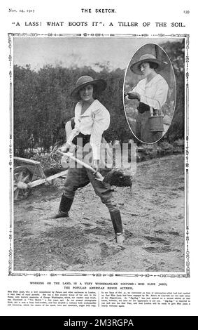 American actress, Elsie Janis posing for a picture looking very fetching in a land workers outfit during the First World War.  Elsie Janis (March 16, 1889  February 26, 1956) was an American singer, songwriter, actress, and screenwriter. Entertaining the troops during World War I immortalized her as &quot;the sweetheart of the AEF&quot; (American Expeditionary Force).  The photograph bears a striking resemblance to picture number 10472401 - a drawing of a land girl on a postcard by amateur soldier artist George Ranstead.  It seems likely that Ranstead saw and copied this photograph of Janis. Stock Photo