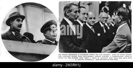 Photographs of British ambassador Sir Nevile Henderson at Nuremberg during the nazi congress, respectively with field-marshal Goering watching a demonstration (left), and amongst a group of diplomats with whom Hitler is chatting informally.     Date: 1938 Stock Photo