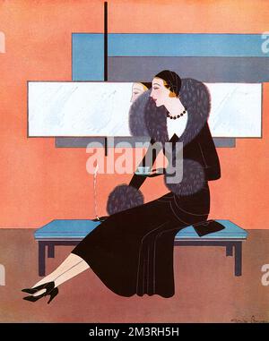 An afternoon ensemble in black velvet trimmed with fox fur. The blouse has a white velvet yoke which is high around the neck and continues across the shoulder in a point to the elbow-length sleeves, which are circular. The small beret is in velvet whilst the gloves, bag and shoes are in doeskin. Stock Photo