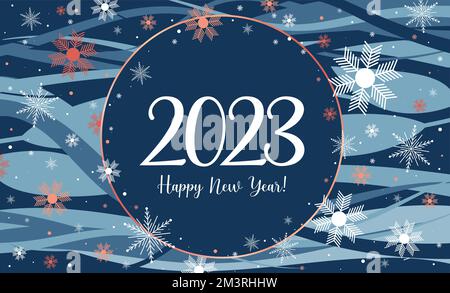 Happy new year 2023 background. Snow flakes confetti on blue background. Holiday greeting card design. Vector illustration. Stock Vector