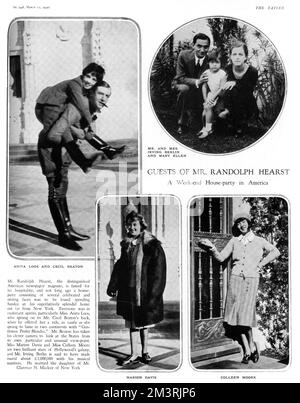 Page from The Tatler reporting on a weekend house party held at the home of American newspaper magnate, William Randolph Hearst.  Top left shows Cecil Beaton giving Anita Loos a piggy back.  Top right is Irving Berlin and his wife with their daughter, Mary Ellen.  Bottom right is Colleen Moore (actress) and finally, a photograph of Marion Davies, the actress who was Randolph Hearst's lover.  1930 Stock Photo