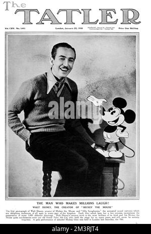 Front cover of The Tatler featuring a photograph of Walt Disney (1901-1966), American film producer, animator and founder of Walt Disney film studios pictured with one of his original, classic creations, Mickey Mouse.  1930