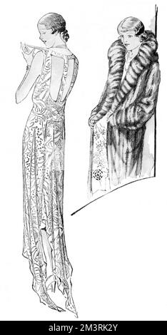 An evening dress with trains that only just touch the ground expressed in tissue lame from Vanité's of Sloane Street, paired with a mink and musquash coat from Artemis. Stock Photo