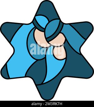 Vector color Christmas Christian religious Nativity Scene of baby Jesus with Mary, Joseph in six pointed star. Logo icon sketch. Doodle hand drawn Stock Vector