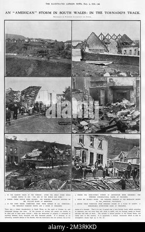 Page from The Illustrated London News reporting on the havoc wrought by a tornado that passed through South Wales on the night of October 27th 1913.       Date: 1913 Stock Photo