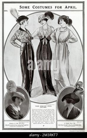 Three effective spring women's clothing. (Left), wrap-around afternoon frock, black Liberty satin contrast is obtained with gold embroidered brocade of the blouse-jacket, finished with tassels.  (Middle), blouse being of soft white chiffon with ruffles while a touch of vivid emerald is given in the band meeting in a point above the v-neck.  (Right), bolero costume in fine cloth of warm stone colour, there is a touch of Bulgarian embroidery on the shoulders and sleeves.  1913 Stock Photo