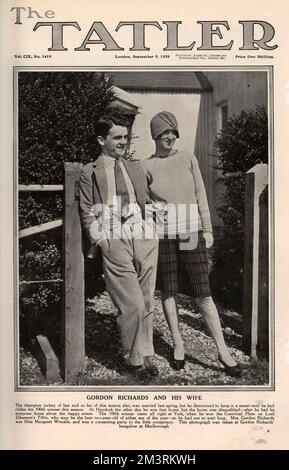 Photograph of the champion jockey, Sir Gordon Richards (5 May 1904  10 November 1986), and his wife, previously Miss Margaret Winckle.   He was an English jockey and the British flat racing Champion Jockey 26 times. He is often considered the world's greatest jockey ever and he remains the only flat jockey to have been knighted.  The couple married in the spring of 1927 but Richards wanted to keep it a secret until he had ridden his 100th winner that season. The 100th winner came at York, when he won the Convivial Plate on Lord Ellesmere's Tiffin.      Date: 1928 Stock Photo