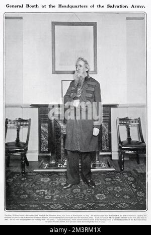 William Booth (1829 - 1912), British founder of the Salvation Army, and first General pictured in the meeting-room at the headquarters of the Salvation Army in Queen Victoria Street in a photograph specially taken for The Tatler. Stock Photo