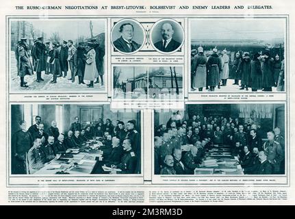 Double page from 'The Illustrated London News', 12th January 1918, with photographs of the Bolshevist minister in London Maxim Litvinoff, Lenin, the German and Austrian deputation awaiting the arrival of Russian delegates at Brest-Litovsk station, and a delegate meeting in the session hall at Brest-Litovsk with Prince Leopold of Bavaria signing a document.  1918 Stock Photo
