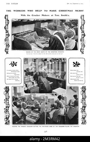 Page from The Tatler reporting on the various stages involved in manufacturing Christmas crackers at the famous Tom Smith's factory.  Top photograph shows women making up the shiny coats of the crackers, while others show the crackers being filled, packed and their feathered ends cut.  1903 Stock Photo