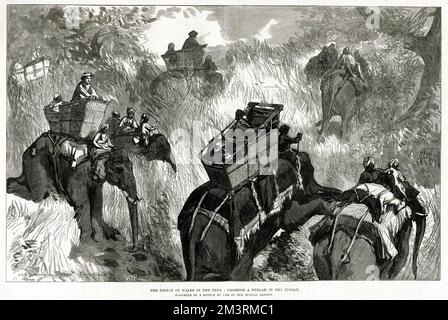 Prince of Wales, (later Edward VII) on a shooting expedition in the Terai, crossing a nullah in the jungle.  March 1876 Stock Photo