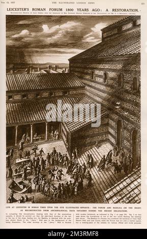 Reconstruction drawing by Alan Sorrell of the city of Leicester's Roman forum in Roman times. The Roman remains excavated by Kathleen Kenyon in 1936, beside the Roman-era Jewry Wall in Leicester, were initially thought to be a Roman forum, with the Jewry Wall part of a basilica. However, later excavations showed that the site was probably a bath complex and the Jewry Wall part of that. The Illustrated London News in 1937 shows the restoration as the forum and basilica.     Date: 1936 Stock Photo