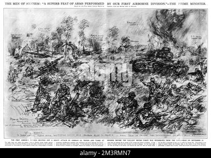 The Men of Arnhem: &quot;A Superb Feat of Arms Performed by our First Airborne Division.&quot; - The Prime Minister.  The First Airborne Division beating off a heavy attack by German S.S. troops and tanks at Arnhem, before the gallant British force was withdrawn from the Bridghead on September 25th 1944.     Date: 1944 Stock Photo