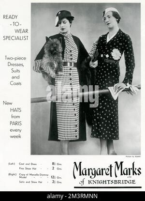 Models wearing ready to wear two-piece dresses, suits and coats.  1933 Stock Photo