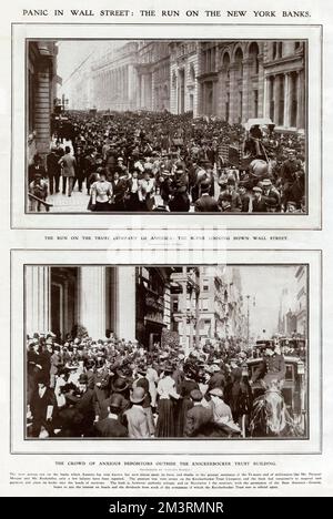 The 1907 'Bankers Panic' or 'Knickerbocker Crisis' lasted three-weeks where the stock exchange had dropped almost 50% from its peak the previous year. During a time of economic recession, numerous runs on banks and trust companies and also panic at the stock exchange, widespread panic throughout the USA occurred and local banks and businesses entered bankruptcy.     Date: October 1907 Stock Photo