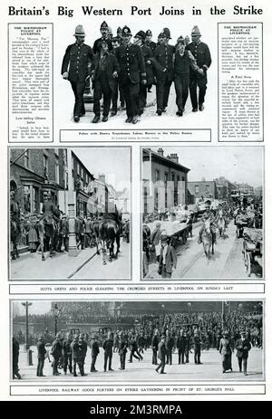Most of the summer of 1911, dockers, railway workers and sailors, as well as people from other trades went on strike, paralysing Liverpool's commerce.  Transforming trade unionism and Merseyside.  For the first time trade unions establish themselves, becoming mass organisations of the working class. Photographs showing men been arrested, street scenes in Liverpool where mounted police are trying to keep crowded protesters at bay and finally thousands of strickers around St George's Hall.  August 1911