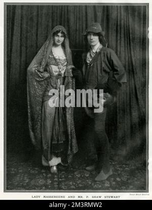 Lady Massereene, formerly Jean Barbara Ainsworth, pictured in costume with Patrick Shaw Stewart at a masque arranged by Lord and Lady Desborough at their home, Taplow Court, in January 1912.  Shaw Stewart was an Eton College and Oxford scholar and poet of the Edwardian era who died on active service as a battalion commander in the British Royal Naval Division during the First World War. He is best remembered today for his poem Achilles in the Trench, one of the best-known war poems of the First World War.     Date: 1912 Stock Photo