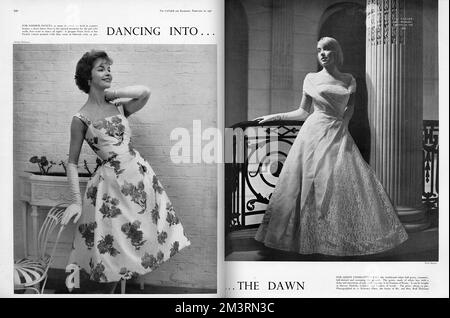 Two suggestions for dance dresses for debutantes for the 1958 Season, the last year in which debs were presented to the Queen at Buckingham Palace.  On the left, 'for summer dances, so many of which are now held in country houses' a short dance dress by Jacque Heim of fine French cotton printed with blue roses.  On the right, for Queen Charlotte's Ball, one of the highlights of the Season, a traditional white ballgown, romantic, full-skirted and sweeping to the ground.  The gown, made of white lace with a fichu and insertions of pale pink organza is by Fontana of Rome.  Pictures photographe Stock Photo