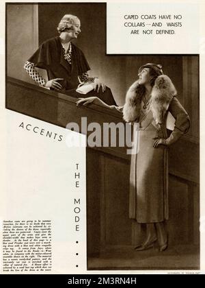 Two models wearing fashionable outdoor wear; (left) Sleeveless coat for the summer that is very effective contrast, with the dress showing on the sleeves. (right) Picador blue wool coat worn over a matching dress, model wearing a fur stole.     Date: 1933 Stock Photo