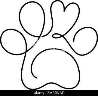 Dog or cat paw footprint and heart in continuous one line drawing logo. Minimal line art. Animal in heart. Pets love concept monoline Stock Vector