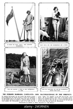 Page from The Sketch magazine carrying photographs of novelist and socialite, Dame Mary Barbara Hamilton Cartland (1901-2000), married name Mrs Barbara McCorquodale, pictured at Swanbistre, in the Orkneys.  Top left picture shows her on the deck of the yacht, Njala.     Date: 1928 Stock Photo