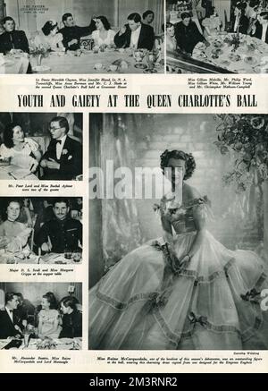 A page from The Tatler and Bystander, entitled 'Youth and gaiety at the Queen Charlotte's Ball', featuring a portrait of Raine McCorquodale. Raine McCorquodale, the daughter of Barbara Cartland and stepmother to Diana, Princess of Wales, was a British socialite and politician; she was married three times and at this time was married to the Honorable Gerald Humphrey Legge, Viscount Lewisham and later, 9th Earl of Dartmouth. She was later known as Raine, Countess Spencer; and Comtesse de Chambrun.     Date: April 1947 Stock Photo
