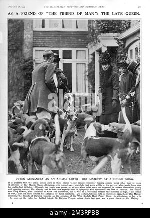 Her Majesty Queen Alexandra inspecting the hounds at Barwick Stanhoe on the occasion of the West Norfolk Hunt Puppy Show.   1925 Stock Photo