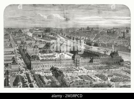 Panoramic view of Paris with the Louvre and Rue de Rivoli completed, 1855.  1855 Stock Photo