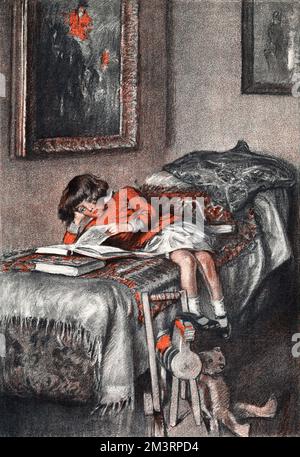 A little girl lies on her bed, absorbed in reading books.  A study from life by Gilbert Holiday.     Date: 1921 Stock Photo