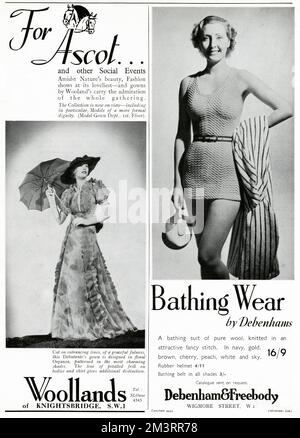 Two adverts from 'Woolands' of model wearing a graceful full length Ascot dress, designed in floral organza, patterned in charming shades, petalled frill on bodice and skirt. On the right, advert from Debenham & Freebody , one-piece belted bathing suit of pure wool, knitted in an attractive stitch.     Date: June 1937 Stock Photo