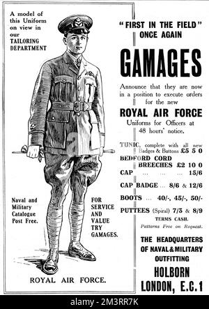 Advertisement for the officers' uniforms for the newly formed Royal Air Force in April 1918 From Gamages of Holborn, London.     Date: 1918 Stock Photo