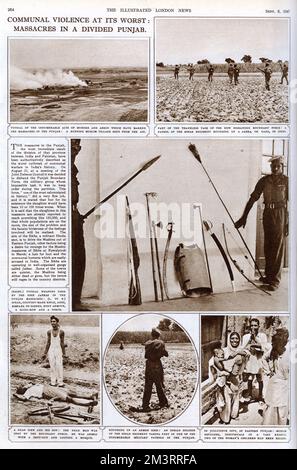 Communal violence at its worst: massacres in a divided Punjab. Page from the Illustrated London News, 6th September 1947 reporting on the Partition of India.     Date: 1947 Stock Photo