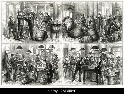 Sketches showing scenes in a general Post-Office.     Date: 1875 Stock Photo