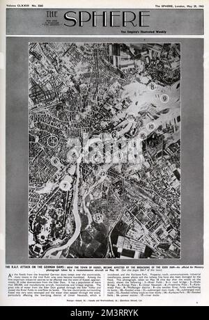 Front cover of The Sphere with an official Air Ministry photograph taken by reconnaissance aircraft on May 18 following the successful raid of the dambusters on the Ruhr Valley dams, showing the flooding of the major industrial town of Kassel, approximately 30 miles downstream of the Eder Dam     Date: 1943 Stock Photo