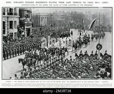 The funeral procession of King Edward VII, leaders of the armies of other peoples and the late Chief of the British Army: The representatives of King Edward's foreign regiments. Stock Photo
