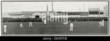 An eventful cricket match in which England was beaten by Australia by three runs. This photograph shows Australia at the wickets; Trumper is receiving the bowling from Rhodes; Duff is the batsman at the other end.     Date: 1902 Stock Photo