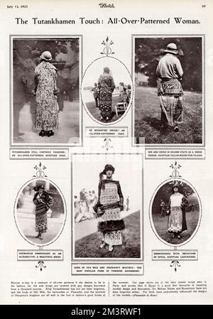 Page from The Sketch reporting on patterned outfits inspired by Tutankhamen, whose tomb was discovered the previous year.       Date: 1923 Stock Photo