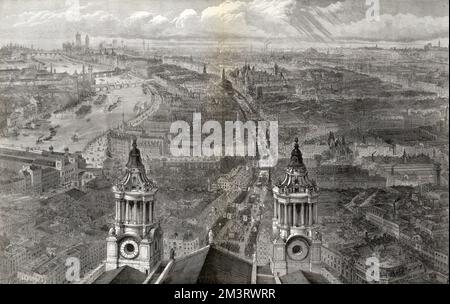 Incredible panoramic view of London from the roof of St. Paul's Cathedral, looking west.   The Lord Mayor's Procession can be seen heading up Fleet Street and Ludgate Hill past the cathedral.    1889 Stock Photo