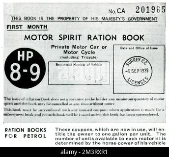 Front cover of a ration book for motor spirit, issued by Surrey County Council on 5 September 1939, shortly after the outbreak of war. Petrol ration books were issued monthly and the volume of motor spirit on offer depended on the horsepower of an individual vehicle; this ration book being for a vehicle of eight-nine horsepower.   September 1939 Stock Photo