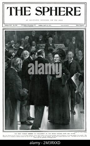 Front cover of the Sphere showing Anna Rogstad the first female member of Parliament in the world as she takes her place in the Nowegian Storting. Rogstad was formerly a high-profile teacher who went on to significantly influence Norway's educational policy, an active member of the Norwegian Teacher's Union, and one of the founding members of the Association for Women's Suffrage. The Sphere comments on the extension of the franchise to women in 1907, which also allowed for Rogstad's election, as having not 'upest the equilibrium of Norwegian politics', as well as conveying the somewhat surpris Stock Photo