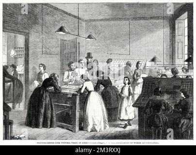 Women and girls working as compositors under the supervision of a man at the Victoria Press printing office in Great Coram Street, London. Compositors were some of the most highly paid workers in the printing trade and women frequently filled these roles.      Date: 1861 Stock Photo