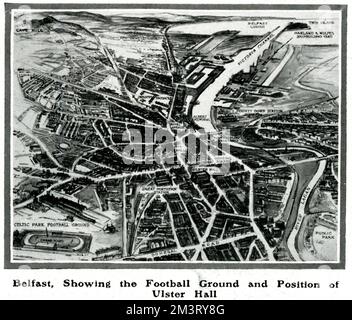 Overhead drawing of Belfast, showing the football ground and the position of Ulster Hall.  Illustration accompanied a feature in The Sphere reporting on Winston Churchill's visit to Belfast in 1912.  He was scheduled to speak at the hall but had to abandon plans due to political tensions.  It was at Ulster Hall that his father, Randolph Churchill, had given a speech where he proclaimed, &quot;Ulster will fight, and Ulster will be right.&quot;     Date: 1912 Stock Photo