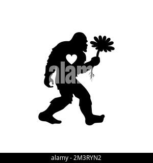 Bigfoot with heart and flower. Valentines' day Yeti silhouette. T shirt design. Vector illustration. Stock Vector