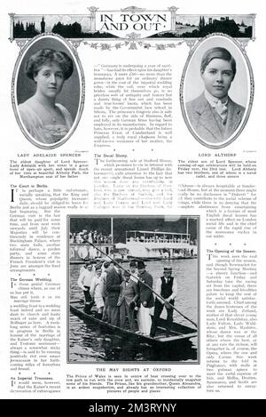 Page from The Tatler featuring (right), Albert Edward John, Seventh Earl Spencer (1892 - 1975), grandfather of Diana, Princess of Wales, Featured in The Tatler on the eve of his coming of age celebrations in 1913. On the left is a portrait of his sister, Lady Adelaide Margaret ('Delia') Peel (n&#x9960;Spencer) (1889-1981), Royal courtier; wife of Sir Sidney Cornwallis Peel.     Date: 1913 Stock Photo