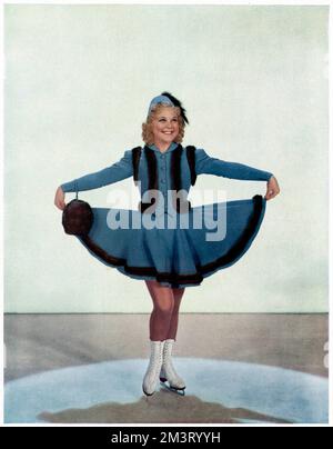 Sonja Henie (1912 - 1969), Norwegian figure skater and film star. She was a three-time Olympic Champion (1928, 1932, 1936) in Ladies' Singles, a ten-time World Champion (19271936) and a six-time European Champion (19311936). Pictured in The Sketch at the time she was filming at new 20th Century Fox film, Castles in Norway.      Date: 1938 Stock Photo
